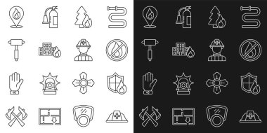 İtfaiyeci miğferi, koruma kalkanı, yangın yok, yanan orman ağacı, yanan binalar, balta, alev ve ikonlu konum. Vektör