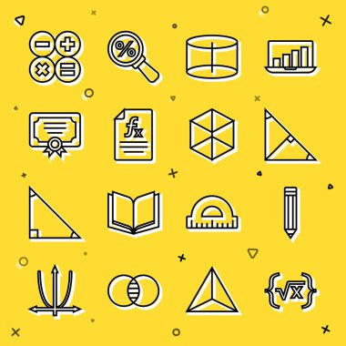 Satır kökü x glifinin, Kalem, Açı bisektörü üçgeni, Geometrik figür silindiri, fonksiyon matematiksel sembolü, Sertifika şablonu, Hesap Makinesi ve Küp simgesini ayarla. Vektör