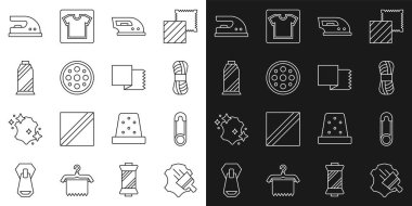 Deri, emniyet iğnesi, elektrikli ütü, dikiş düğmesi, iplik makarası ve tekstil kumaş rulo ikonu. Vektör