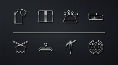 Çizgi dikiş şablonu, örgü iğneleri, mezura, iplikli iğne, elbise dolabı, kumaş rulosu, düğme, yatak ve ikon. Vektör