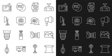 Satır Boş Fotoğraf Stüdyosu, Fotoğraf rötuşlama, Softbox ışığı, kamera, Grafik tablet ve simge. Vektör