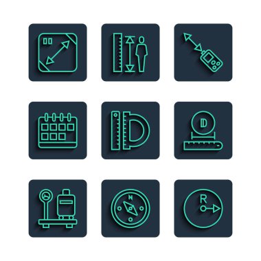 Çizgi Ölçeklemesini bavul, pusula, yarıçap, lazer mesafe ölçer, açıölçer ve cetvel, takvim, çapraz ölçüm ve çapraz simge ile ayarla. Vektör