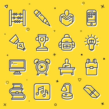 Silgi ya da lastik, okul çantası, ampul, kitap okuyan adam, ödül kupası, dolma kalem ucu, abaküs ve ikon. Vektör