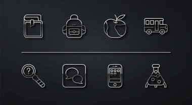 Satır Defteri, Bilinmeyen Arama, Okul Otobüsü, Akıllı Telefon, Konuşma balonu sohbeti, Sırt çantası, Test tüpü ve matara ve Apple ikonu. Vektör