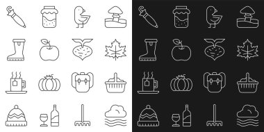 Windy Weather, Basket, Yaprak veya Yaprak, Küçük civciv, Apple, Su geçirmez lastik bot, Şemsiye ve Pancar ikonu. Vektör