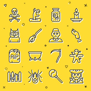 Cadı, vudu bebeği, zombi parmağı kavanozu, cadı süpürgesi, baykuş, kafatası ve rahip ikonu. Vektör
