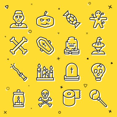 Lollipop, Kurukafa, Cadı, Şeker, Haçlı Tabut çapraz kemikler, Rahip ve Tombstone RIP yazılı simge. Vektör