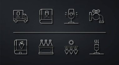 Çizgi şarap kamyonu, üzümler hakkında kitap fıçı için musluk, kurutma, şarap kutuları, tatma, degukasyon ve cam ikon. Vektör