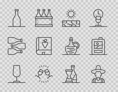 Çizgi şarap kadehi, çiftçi şapkası, kuraklık, tatma, içki, şarap şişesi, üzümler hakkında kitap ve karton kutu ikonu. Vektör