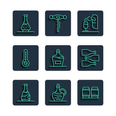 Şarap şişesi, şarap şişesi, ahşap fıçı, Sommelier, Old, Meteoroloji termometresi, Dekanter ve şişe ikonu. Vektör