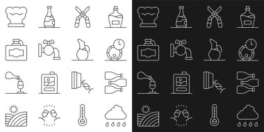 Yağmur bulutu, şarap şişeleri, bahçe makası, musluk, karton kutu, şef şapkası ve Dekanter ikonu. Vektör