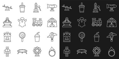 Sirk ateş çemberi, sıcak hava balonu, çadır, çekiçli Striker cazibesi, Ghost, tekne salıncağı, tahterevalli ve oyuncak tren ikonu. Vektör