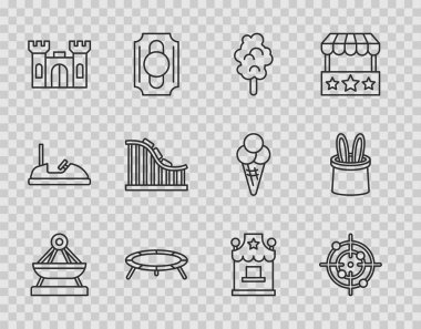 Set hattı salıncak, hedef sporu, pamuk şeker, trambolin, kale, lunapark treni bilet gişesi ve sihirbaz şapkası ikonu. Vektör