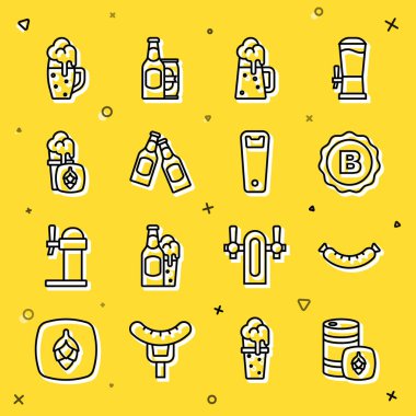 Metal bira fıçısı, sosis, şişe kapağı, tahta bardak, bira şişesi, cam bardak ve açılış ikonu. Vektör