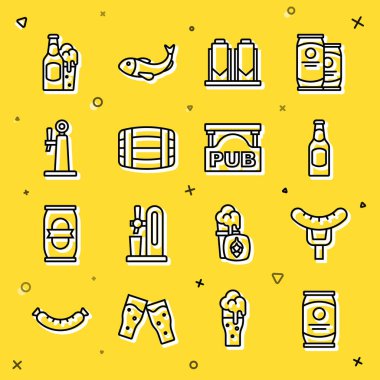 Çizgi bira kutusu, çatalda sosis, demleme işlemi, ahşap fıçı, musluk, cam ve bar ikonlu sokak tabelası. Vektör