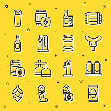 Çizgi bira kutusu, bira demleme süreci, çatalda sosis, şişe ve bira, camlı musluk, şişe açacağı ve metal fıçı ikonu. Vektör