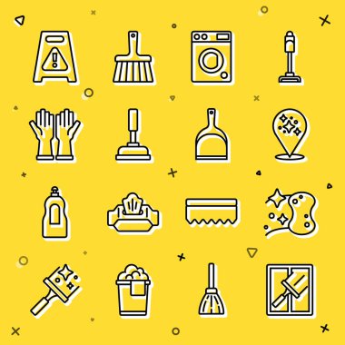 Camlar için çizgi temizleyici, sünger, ev temizleme servisi, yıkama, pompa, eldivenler, ıslak zemin ve faraş ikonu. Vektör