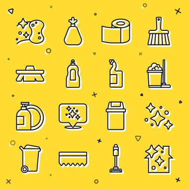 Ev temizlik servisi, paspas ve kova, tuvalet kağıdı rulosu, bulaşık deterjanı şişesi, fırça, sünger ve ikon. Vektör