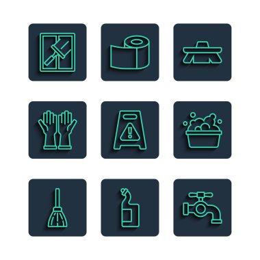 Hat süpürgesi, bulaşık suyu şişesi, su musluğu, temizlik için fırça, ıslak zemin, lastik eldivenler, temiz pencereler ve sabun köpüğü ikonlu havuz. Vektör