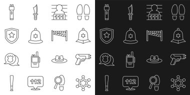 Hat Hexagram şerifi, polis elektrik şoku, İngiliz polis kaskı, şüpheli suçlu, rozet ve olay yeri ikonu. Vektör