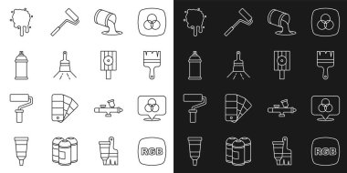 Satır RGB, ve CMYK renk karıştırma, boya fırçası, kova, sprey kutusu, ve püskürtme başlığı simgesi. Vektör