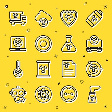 Nükleer enerji santrali, radyoaktif, kargo treni, kalkan, güç düğmesi, dizüstü bilgisayar, radyasyon materyalli kamyon ve test tüpü ikonu. Vektör