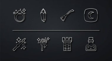 Sihirli taş yüzük, değnek, ay yıldızları, kale kulesi, asa, iksirli şişe ve cadı süpürgesi ikonu. Vektör