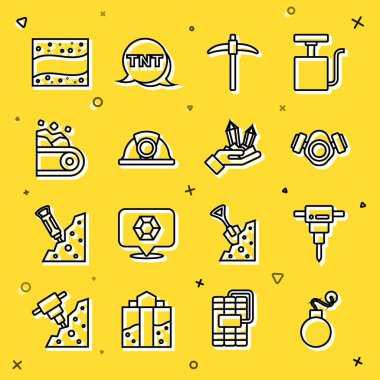 Çizgi bombası, inşaat matkabı, gaz maskesi, kazma, madenci miğferi, kömür taşıyan taşıyıcı bant, altın madeni ve taş ikonu. Vektör