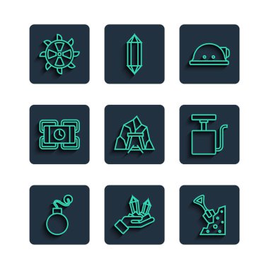 Hattı, Bomba, Mücevher Taşı, Kürek ve, Madenci miğferi, giriş, Dinamit, Kova Tekeri kazıcı ve Ateşleyici ikonu olarak ayarla. Vektör