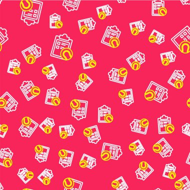 Satır Kontrol Listesi panosu ve tenis topu simgesi kırmızı arkaplanda izole edilmiş kusursuz desen. Spor malzemeleri. Vektör