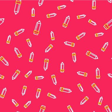 Silgi simgesine sahip satır kalemi kırmızı arkaplanda izole edilmiş kusursuz desen. Çizim ve eğitim araçları. Okul sembolü. Vektör