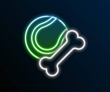 Parlayan neon hattı Evcil Oyuncaklar, siyah arka planda izole edilmiş kemik kauçuğu ve top ikonu. Renkli taslak konsepti. Vektör