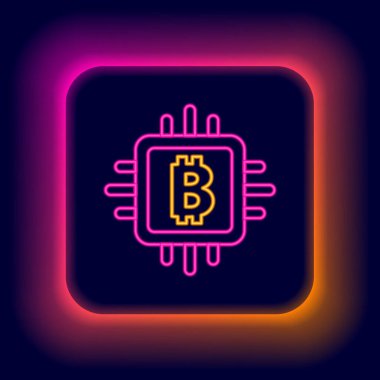 Parlayan neon hattı CPU maden çiftliği ikonu siyah arka planda izole edildi. İşlemcinin içinde bitcoin işareti. Kripto para madenciliği topluluğu. Dijital para. Renkli taslak konsepti. Vektör