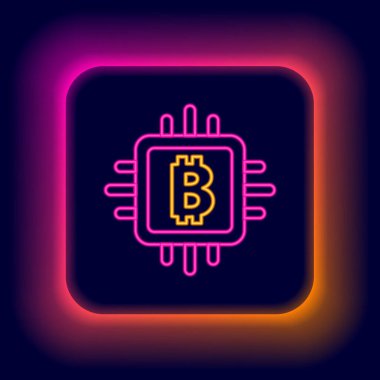 Parlayan neon hattı CPU maden çiftliği ikonu siyah arka planda izole edildi. İşlemcinin içinde bitcoin işareti. Kripto para madenciliği topluluğu. Dijital para. Renkli taslak konsepti. Vektör