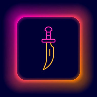 Parlayan neon çizgisi Hançer simgesi siyah arkaplanda izole edildi. Bıçak ikonu. Keskin bıçaklı kılıç. Renkli taslak konsepti. Vektör