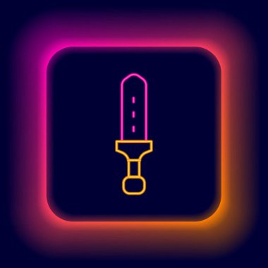 Parlayan neon hattı Ortaçağ kılıç ikonu siyah arka planda izole edildi. Ortaçağ silahı. Renkli taslak konsepti. Vektör