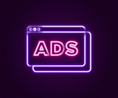 Parlayan neon hattı reklam simgesi siyah arkaplanda izole edildi. Pazarlama ve tanıtım süreci kavramı. İlgili reklamlar. Sosyal medya reklamcılığı. Renkli taslak konsepti. Vektör