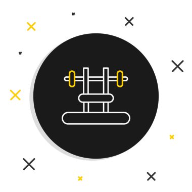 Beyaz arkaplanda barbel simgesi olan sıra Bench. Spor aletleri. Vücut geliştirme, ağırlık kaldırma, fitness konsepti. Renkli taslak konsepti. Vektör