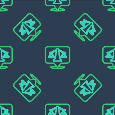 Adalet simgesinin çizgi ölçekleri mavi arka planda izole edilmiş pürüzsüz desen. Hukuk mahkemesi sembolü. Denge tabelaları. Vektör