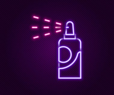 Saç spreyi, deodorant, terleme önleyici ikon için siyah arka planda parlayan neon hattı spreyi. Renkli taslak konsepti. Vektör