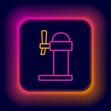 Parlayan neon hattı Dispenser bira ikonu siyah arkaplanda izole edildi. Bira kulesi genişliğinde. Renkli taslak konsepti. Vektör