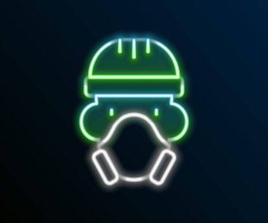 Siyah arka planda izole edilmiş koruyucu giysi ikonu giyen parlak neon hattı Nükleer Santral işçisi. Nükleer reaktör işçisi. Renkli taslak konsepti. Vektör