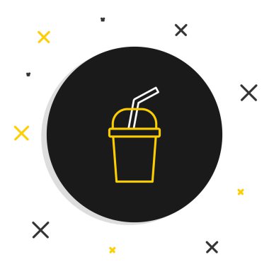 Beyaz zemin üzerinde saman ve su ikonu olan çizgi kağıt bardak. Soda bardağı. Taze soğuk içecek sembolü. Renkli taslak konsepti. Vektör