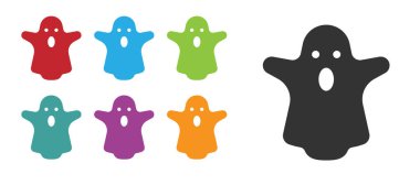 Siyah Hayalet simgesi beyaz arkaplanda izole edildi. Mutlu Cadılar Bayramı Partisi. Simgeleri renklendirin. Vektör