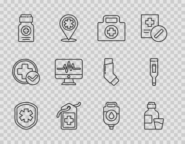 Haçlı tıbbi kalkan, bir şişe ilaç şurubu, ilk yardım çantası, Cross hastanesinin tıbbi etiketi, ilaç şişesi, monitör kardiyogramı, serum torbası ve dijital termometre ikonu yerleştirin. Vektör