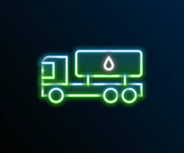 Lumineux néon ligne camion citerne icône isolée sur fond noir. Pétrolier, camion essence, citerne, remorque pétrolière. Concept de contour coloré. Vecteur — Image vectorielle