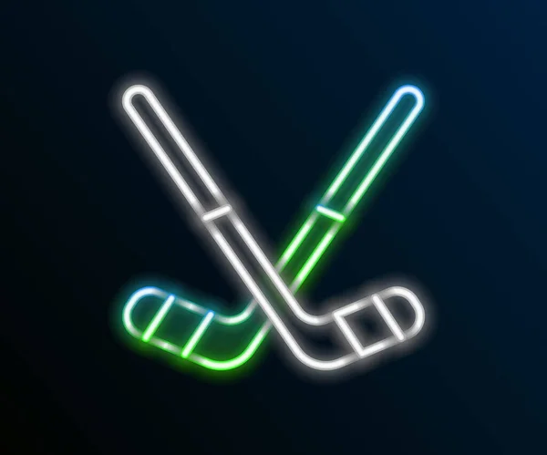 Linea neon incandescente icona bastoni da hockey su ghiaccio isolato su sfondo nero. Concetto di contorno colorato. Vettore — Vettoriale Stock