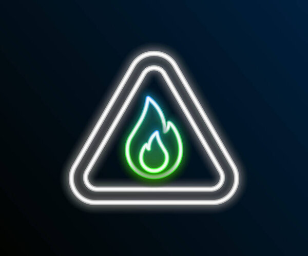 Glowing neon line Fire flame in triangle icon isolated on black background. Warning sign of flammable product. Colorful outline concept. Vector