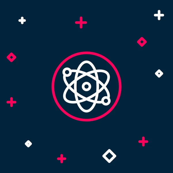 Icono del átomo de línea aislado sobre fondo azul. Símbolo de ciencia, educación, física nuclear, investigación científica. Concepto de esquema colorido. Vector — Vector de stock