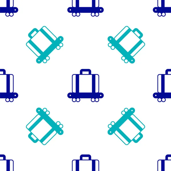 Modré letiště dopravníkový pás s cestujícími zavazadla, kufry, tašky, zavazadla ikona izolované bezešvé vzor na bílém pozadí. Vektor — Stockový vektor